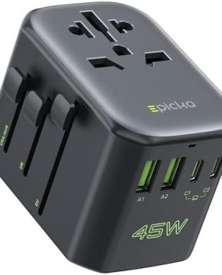 EPICKA Pulse 45W European Travel Plug Adapter, Universal Power Adapter with PD Fast Charging, 5-Port (1 AC/2 USB-A/2 USB-C) International Charger Adapter for Europe, Japan - Travel Essentials (Black)